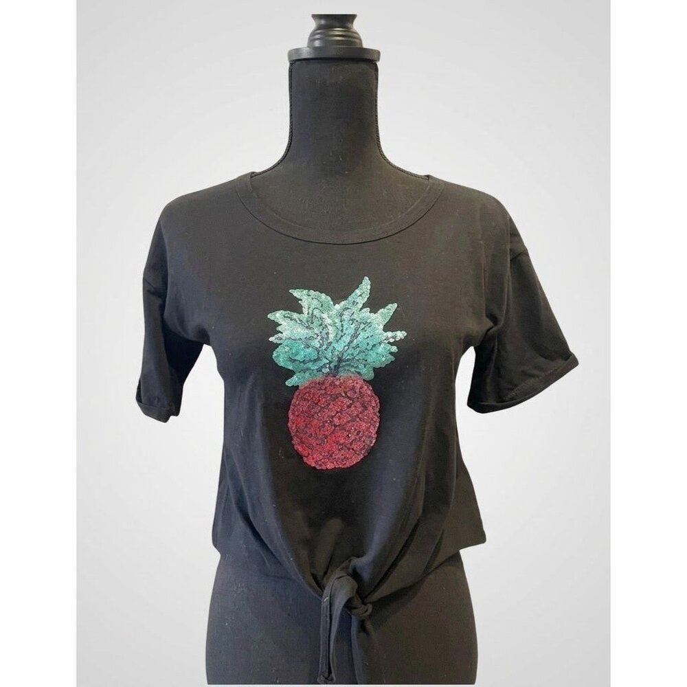 Black Top with Red &‎ Green Sequined pineapple Size M front tie summer